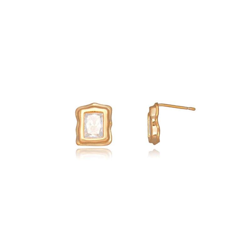BRINCO FORTUNATO RETANGULAR 10X12MM COM MOLDURA E ZIRCÔNIA CRISTAL NO BRUTO