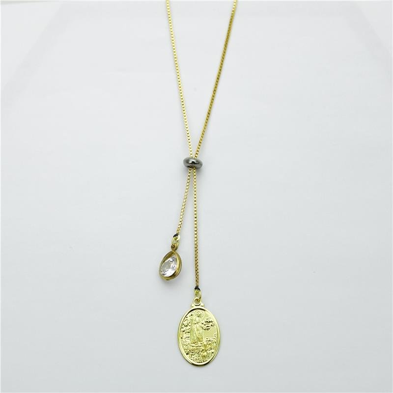 COLAR GRAVATINHA FORTUNATO VENEZIANA COM NOSSA SENHORA DE FÁTIMA E ZIRCÔNIA CRISTAL NO BRUTO