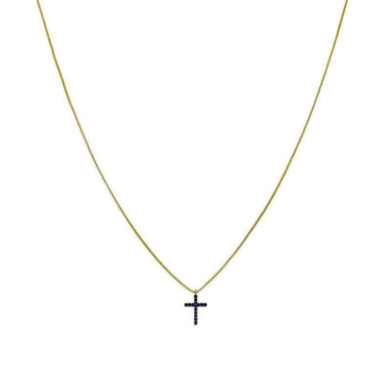 COLAR FORTUNATO VENEZIANA COM PINGENTE DE CRUZ CRAVEJADO DE MICRO ZIRCÔNIA CAPRI BLUE NO BRUTO