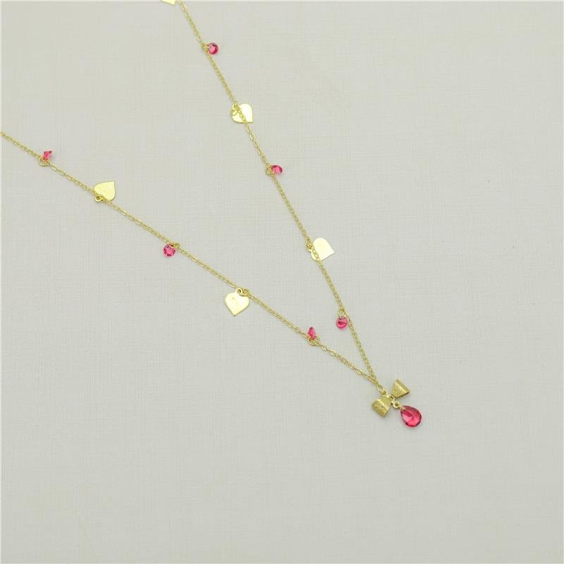 COLAR FORTUNATO CORRENTE AMERICANA COM CORAÇÃO, LAÇO E ZIRCÔNIA FUCHSIA NO BRUTO