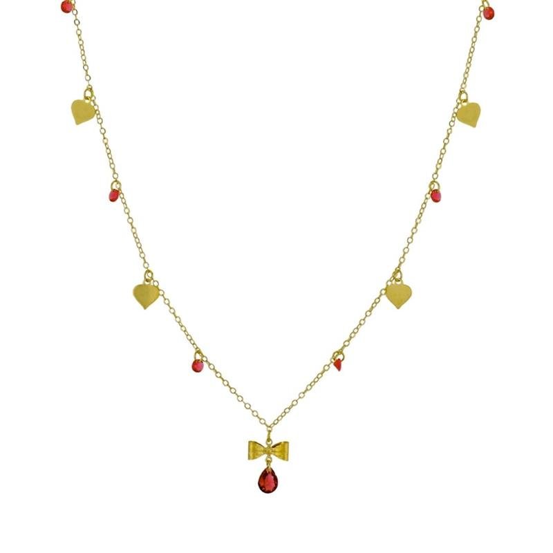 COLAR FORTUNATO CORRENTE AMERICANA COM CORAÇÃO, LAÇO E ZIRCÔNIA FUCHSIA NO BRUTO