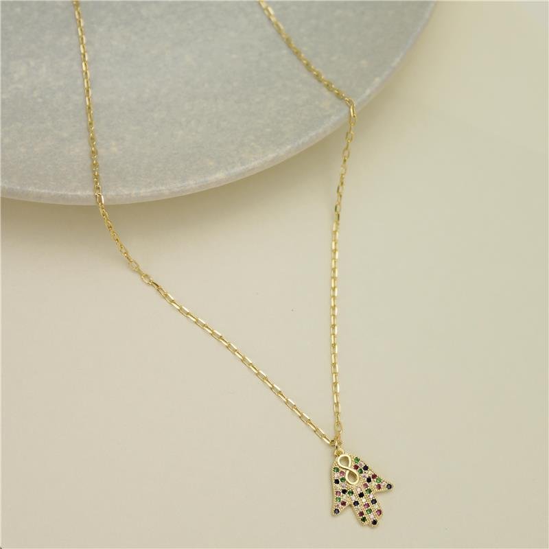 COLAR FORTUNATO CARTIER COM MÃO DE FÁTIMA CRAVEJADA ZIRCÔNIAS MULTICOLOR NO BRUTO