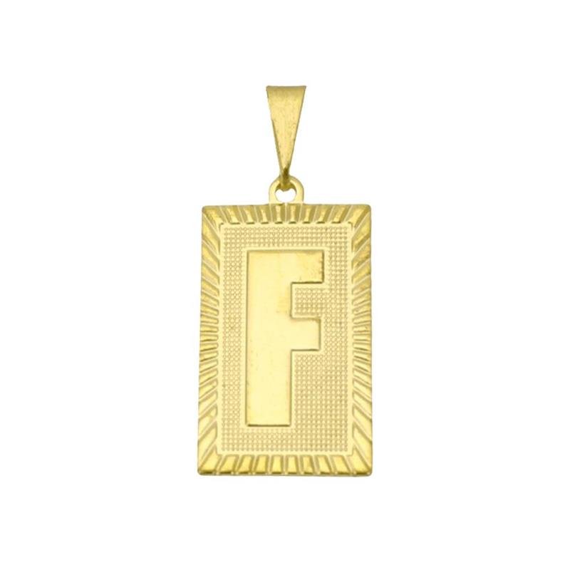 PINGENTE FORTUNATO PLACA RETICULADA BORDA DIAMANTADA LETRA F NO BRUTO