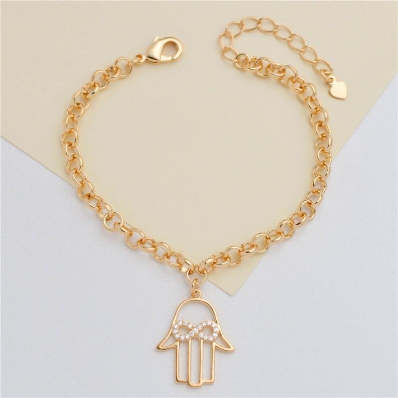 PULSEIRA FORTUNATO ELO PORTUGUÊS COM MÃO DE FÁTIMA E INFINITO CRAVEJADO CRISTAL NO BRUTO