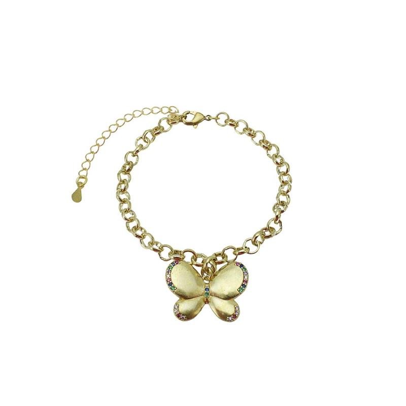 PULSEIRA FORTUNATO ELO PORTUGUÊS COM BORBOLETA CRAVEJADA MULTICOLOR NO BRUTO