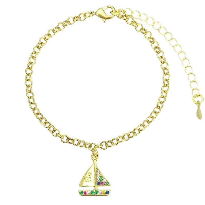 PULSEIRA FORTUNATO ELO PORTUGUÊS COM BARCO CRAVEJADO MULTICOLOR NO BRUTO